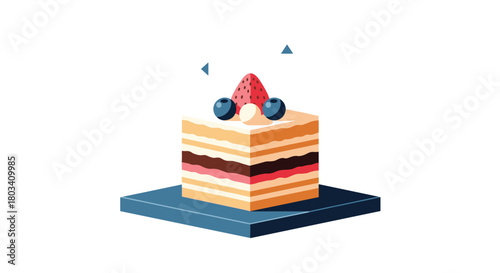 A delicious slice of cake with fresh strawberries and blueberries on a dark blue plate.