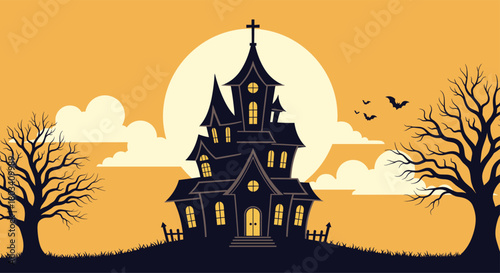 A spooky haunted mansion looms under a giant full moon on Halloween night.