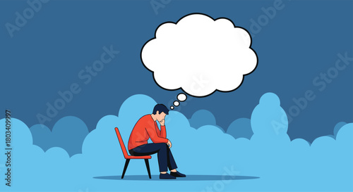 A person is sitting on a chair and thinking with a thought bubble above their head.