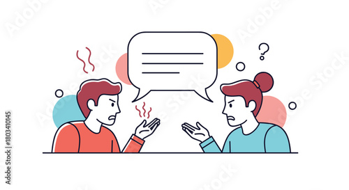 Two people arguing with a speech bubble above them showing a disagreement.