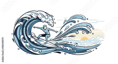 A surfer catches a massive wave with pixel art style.