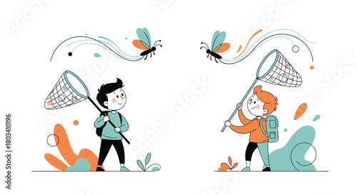 Children enjoying the outdoors and catching butterflies with nets in a playful scene.