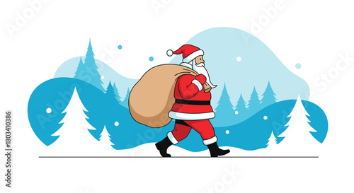 Santa claus walking through a winter forest carrying a sack of presents.