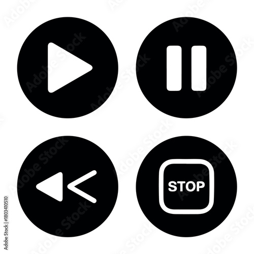 Vector four circular media player controls including play pause rewind and stop in black and white