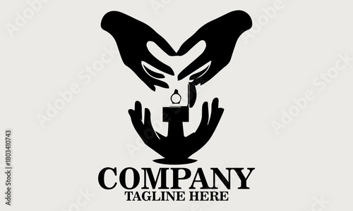 Black silhouette of two hands gently opening a small ring box vector illustration, one hand holding the base and the other lifting the lid. Inside the box, vector illustration