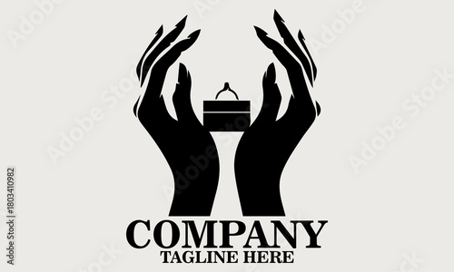 Black silhouette of two hands gently opening a small ring box vector illustration, one hand holding the base and the other lifting the lid. Inside the box, vector illustration