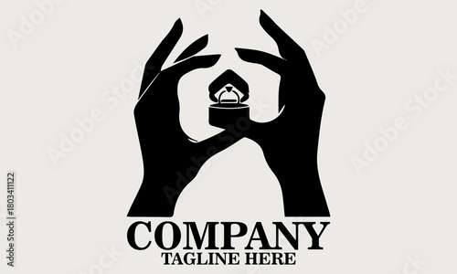 Black silhouette of two hands gently opening a small ring box vector illustration, one hand holding the base and the other lifting the lid. Inside the box, vector illustration