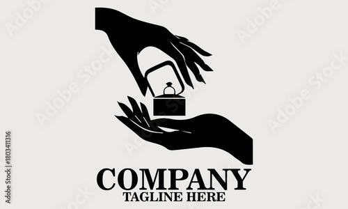 Black silhouette of two hands gently opening a small ring box vector illustration, one hand holding the base and the other lifting the lid. Inside the box, vector illustration
