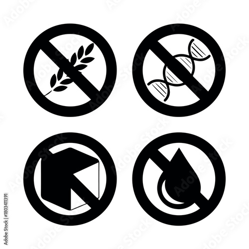 Vector four prohibition icons showing no gluten no gmo no sugar and no oil in black and white color