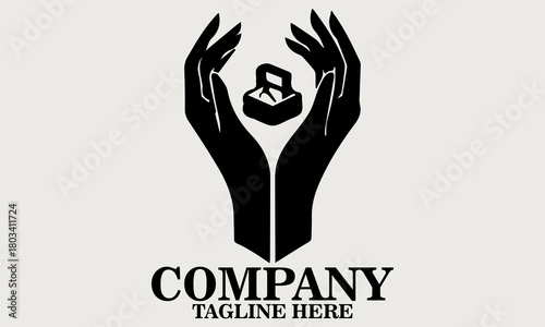 Black silhouette of two hands gently opening a small ring box vector illustration, one hand holding the base and the other lifting the lid. Inside the box, vector illustration