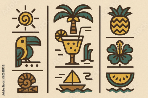 Nine colorful square icons of tropical elements: palm, sunset, fish, flower, drink, shell, pineapple, wave.