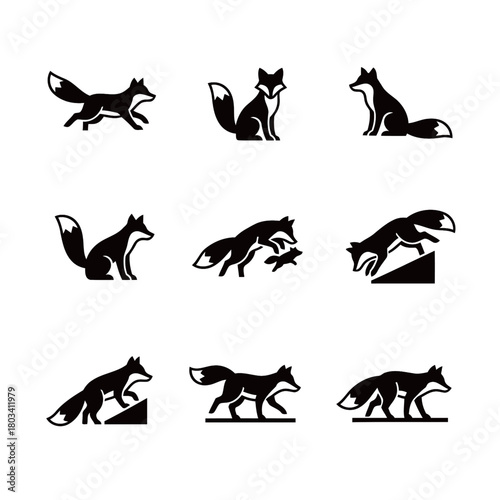 Black Silhouette Fox Icon Set in Different Poses and Hunting Actions