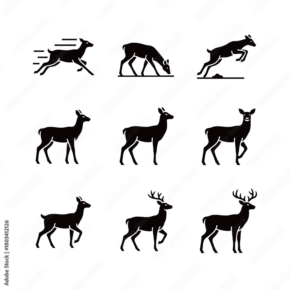Obraz premium Black Silhouette Deer and Doe Icon Set in Various Standing and Running Poses