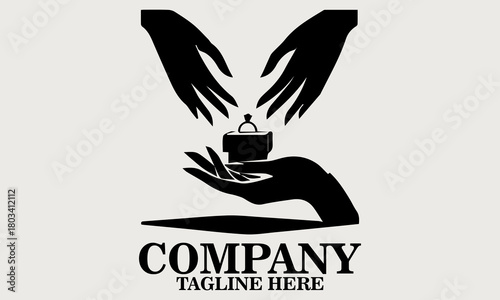 Black silhouette of two hands gently opening a small ring box vector illustration, one hand holding the base and the other lifting the lid. Inside the box, vector illustration