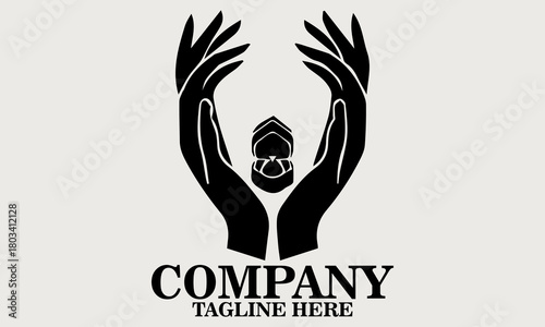 Black silhouette of two hands gently opening a small ring box vector illustration, one hand holding the base and the other lifting the lid. Inside the box, vector illustration