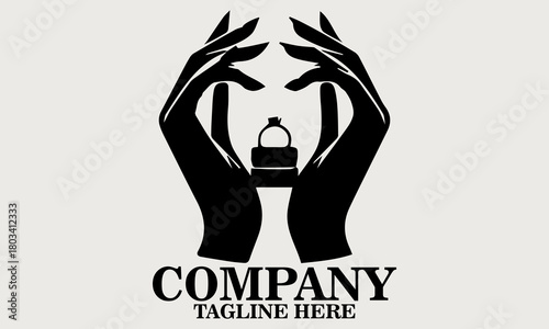 Black silhouette of two hands gently opening a small ring box vector illustration, one hand holding the base and the other lifting the lid. Inside the box, vector illustration