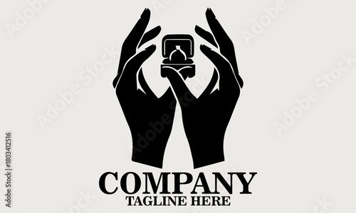Black silhouette of two hands gently opening a small ring box vector illustration, one hand holding the base and the other lifting the lid. Inside the box, vector illustration