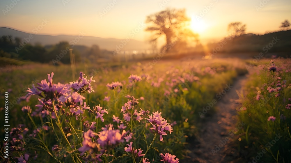 Fototapeta premium Golden Sunset Meadow with Wildflowers and Winding Path