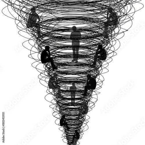 Silhouettes of people trapped in a swirling vortex.