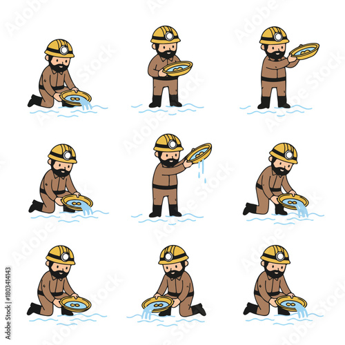 8 set gold miner panning for gold in a river, wearing a helmet and boots, holding a pan, flat design, minimalistic style, white background.