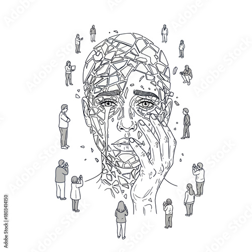 Fragmented Face of a Person Surrounded by Observing Figures.