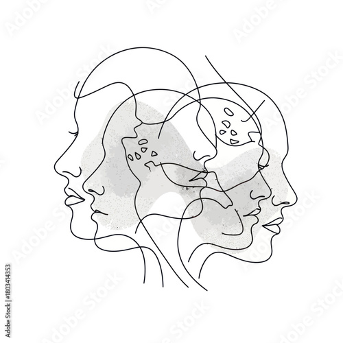 Abstract overlapping human face profiles minimalist line art drawing.