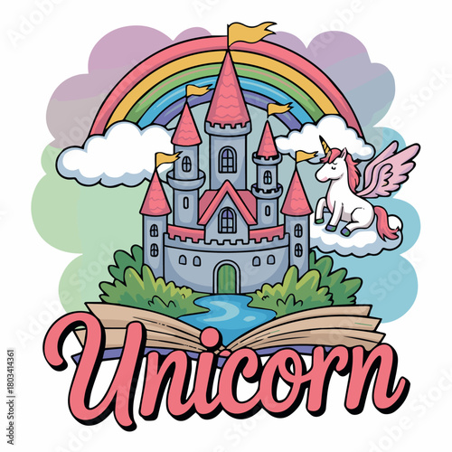 Vector illustration of a unicorn with wings on a cloud next to a castle under a rainbow above a book