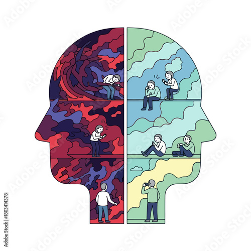 Human Head Silhouette with Contrasting Mental States and Activities.