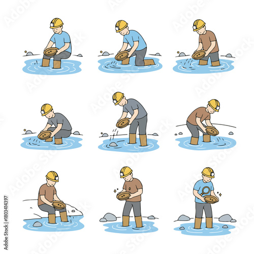 8 set gold miner panning for gold in a river, wearing a helmet and boots, holding a pan, flat design, minimalistic style, white background.