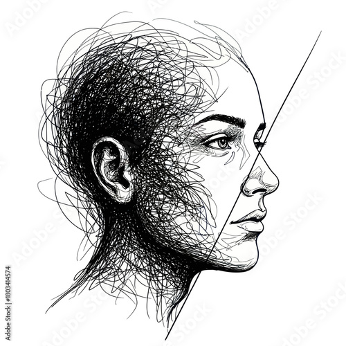 Conceptual sketch of a womans profile showing inner turmoil.