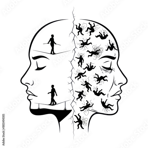 Dualistic mind representation with balance and chaos depicted in illustration.