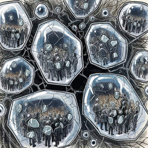 Groups of People Encased in Crystalline Structures, a complex artistic representation.