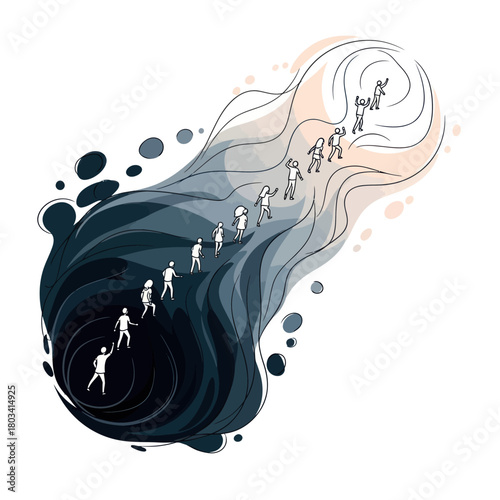 Conceptual illustration of people walking on a path from darkness to light.