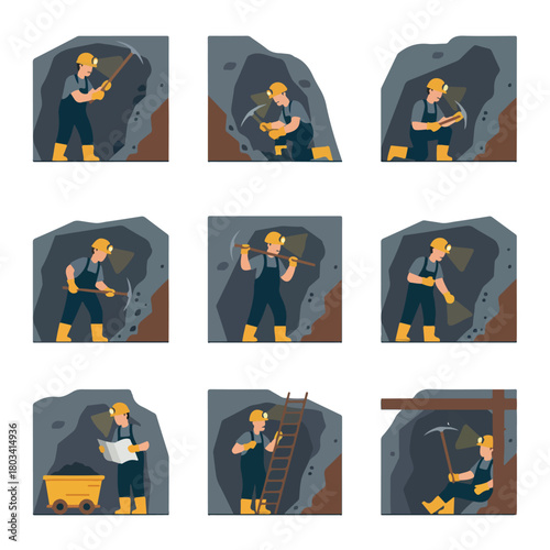 8 set coal miner working underground with a pickaxe and helmet lamp, wearing safety gear, flat design, simple and minimalistic style, white background, 