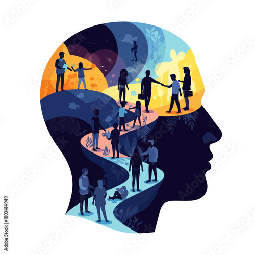 Human head silhouette with diverse people and abstract thoughts.