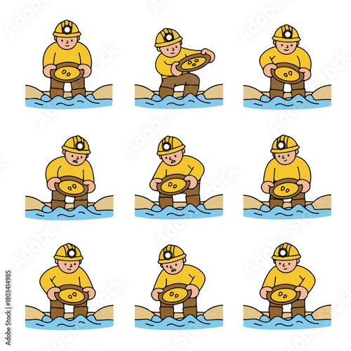 8 set gold miner panning for gold in a river, wearing a helmet and boots, holding a pan, flat design, minimalistic style, white background.
