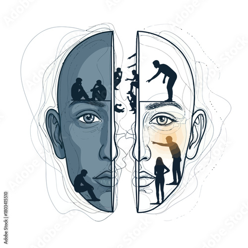Conceptual illustration of a split mind showing contrasting emotions.