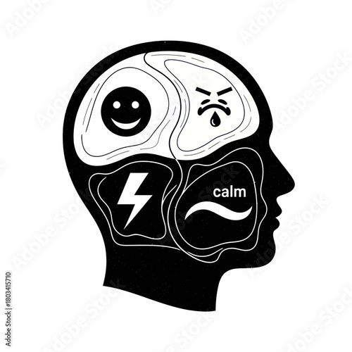 Human mind illustration depicting emotions and mental states in black and white.