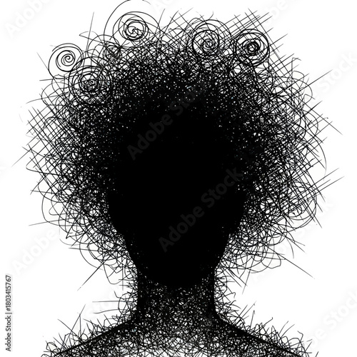 Abstract illustration of a persons head with chaotic scribbled thoughts.
