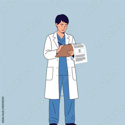 Male doctor in white lab coat and scrubs writing on a clipboard, standing against a blue background.