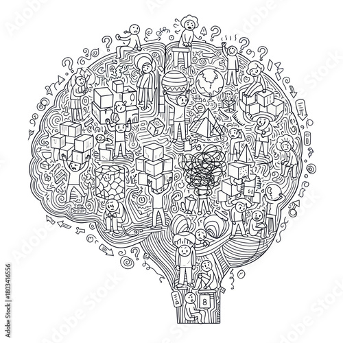 Intricate Brain Illustration Depicting Cognitive Processes and Human Thought.