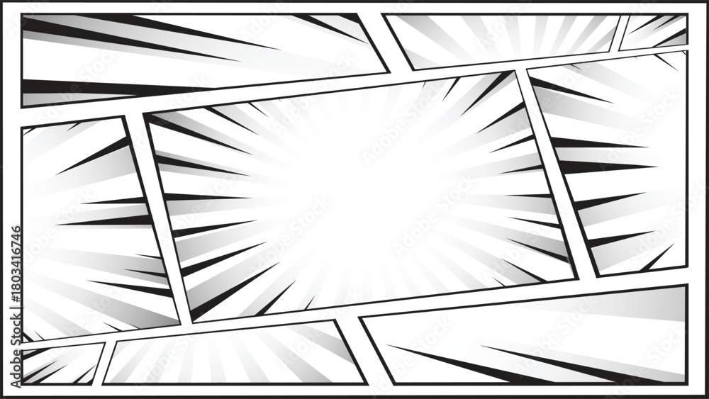 Naklejka premium Dynamic Comic Panel Frame Vector with Manga Speed Lines, Burst Center and Black-White Action Layout
