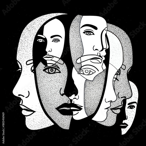 Abstract Faces in Black and White Illustrating Human Emotions and Mental States.