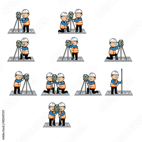 A road surveyor using a theodolite on a tripod, wearing a safety vest and helmet, standing on the roadside, flat design, simple and minimalistic style, white background, vector illustration