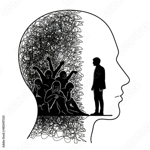 Silhouette of a Head with Inner Turmoil and Isolation.