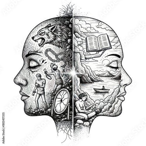 Dualistic human mind representation with contrasting elements and symbolism.