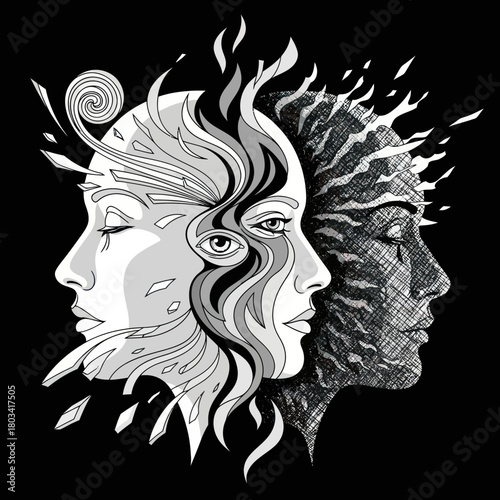Dualistic human faces art representing inner thoughts and emotions.
