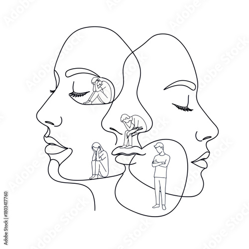 Mental health awareness and psychological struggles depicted through abstract line art.