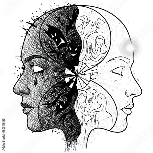 Yin Yang duality human mind concept illustration showing emotions and balance.