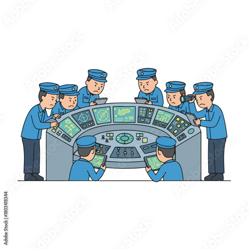 A ship crew member checking navigation instruments inside the control room, focused expression, flat design, simple and minimalistic, white background.